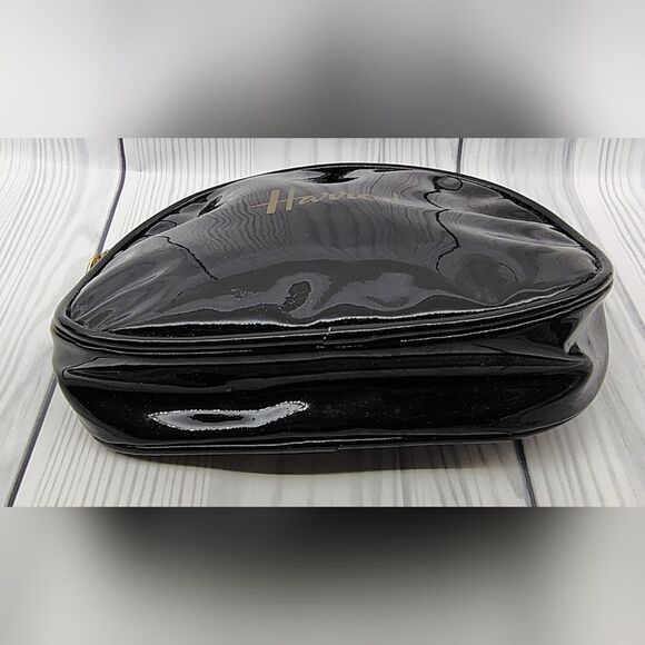 Harrods Glossy Black Patent Makeup Cosmetic Bag Case Gold Logo - Picture 4 of 14